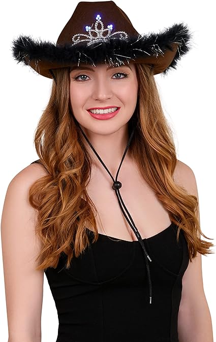 Photo 1 of Cowgirl Hat with Feather Trim - Blinking Tiara Cowboy Hats for Women - Felt Hats for Women for Cowboy Party, Cowgirl Party (Brown)
