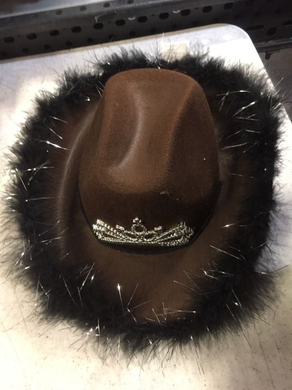 Photo 2 of Cowgirl Hat with Feather Trim - Blinking Tiara Cowboy Hats for Women - Felt Hats for Women for Cowboy Party, Cowgirl Party (Brown)
