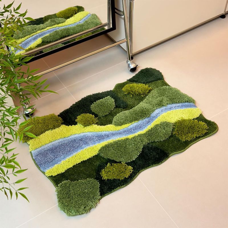 Photo 1 of 33"x22" Tufted 3D Moss Rug Green Grass & Mossy Blue Stream Bathroom Mat Bathrug Shag Carpet for Home Decor Living Room Bedroom Shower Area
