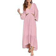 Photo 1 of AlvaQ Fall Dress for Women Long Sleeve High Waist Smocked Maxi Dress Summer Sweet Ruffle High Low Hem A Line Flowy Beach Dresses Pink - SIZE XL 