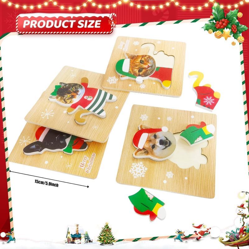 Photo 1 of 4 Pack Christmas Wooden Puzzles,Dog Cat Jigsaw Puzzles for Kids Educational Preschool Toys Christmas Toys Party Favors Xmas Decorations(Christmas)