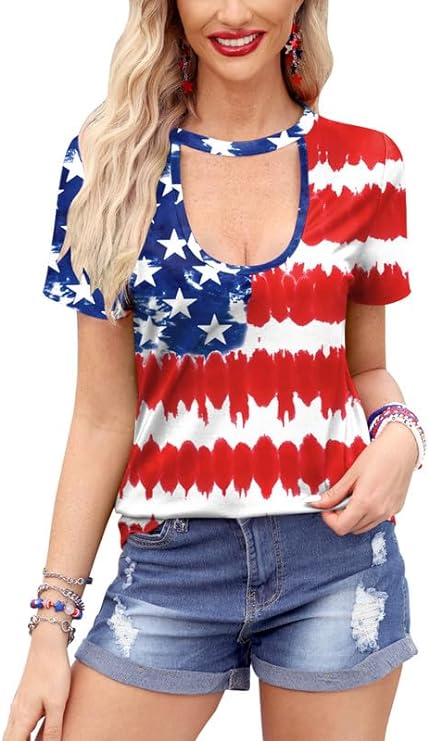 Photo 1 of For G and PL Women's 4th of July American Flag Shirts Sexy Hollow Out Short Sleeve Tops- SIZE XL 
