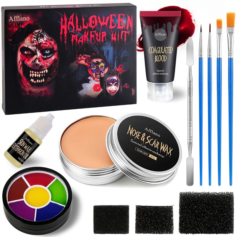 Photo 1 of Afflano Bruise SFX Halloween Makeup Kit, Nose Scar Wax 60g+ Spatula+Stage Fake Blood+Face Body Paint+Skin Wax Oil, 3 Stipple Sponge For Festival Theatrical Wound Modeling Skull Zombie Vampire Makeup
