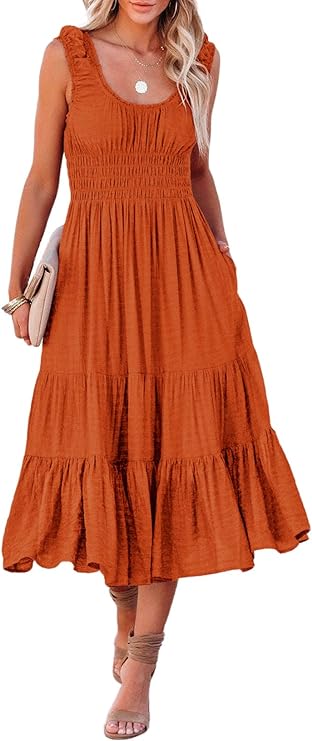 Photo 1 of AlvaQ Women Summer Sleeveless Smocked Midi Dress High Waist Casual Tiered A Line Sundress with Pockets- SIZE L 
