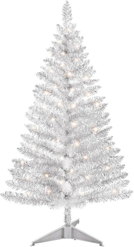 Photo 1 of 4ft Lighted Artificial Silvery Christmas Tree, Not Pre-lit Silvery Tinsel Pine Trees with Lights, Ideal for Ideal for Home, Office, and Xmas Party Décor - Includes Stand
