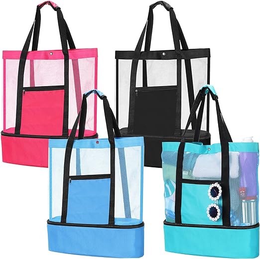 Photo 1 of Amylove 4 Pcs Mesh Beach Tote Bag with Cooler Portable Insulated Pool Bags for Women Large High Capacity Insulated Beach Bag for Outdoor Travel Picnic Camping, 20 x 16 x 6 Inch
