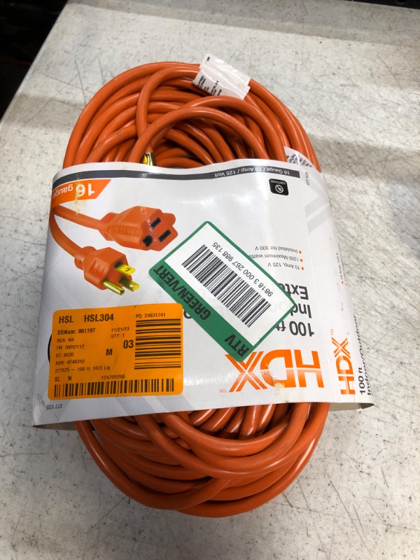 Photo 2 of 100 ft. 16/3 Light Duty Indoor/Outdoor Extension Cord, Orange
