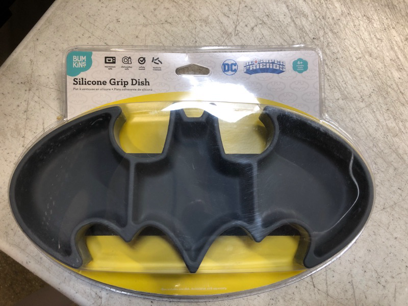 Photo 2 of Bumkins Toddler and Baby Suction Plate, Silicone Grip Dish, Babies and Kids, Baby Led Weaning, Children Feeding Supplies, Non Skid Sticky Bottom, Platinum Silicone, Ages 6 Months Up, Batman Gray
