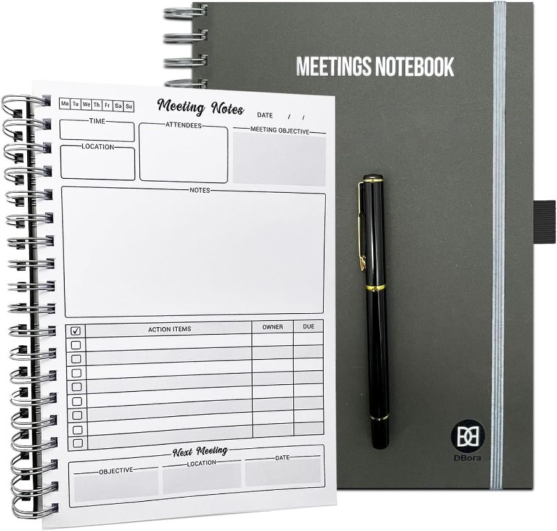 Photo 1 of 1 Piece of Spiral Meeting Notebook, Office Planner With a Pen, Work Notebook with a Hard Cover, Work Planner with Elastic Closure Band, Meeting Notes Notebook for Work with 194 Pages (7”x10”)
