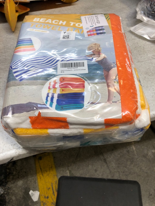 Photo 1 of 4 Pack Stripe Beach Towel Thin Terry with Towel Bands Set Oversized Large Clearance Pool Accessories Soft Super Absorbent Best Swim Towels Blanket Girls Men Women Adults Gift Blue Green Yellow Orange
