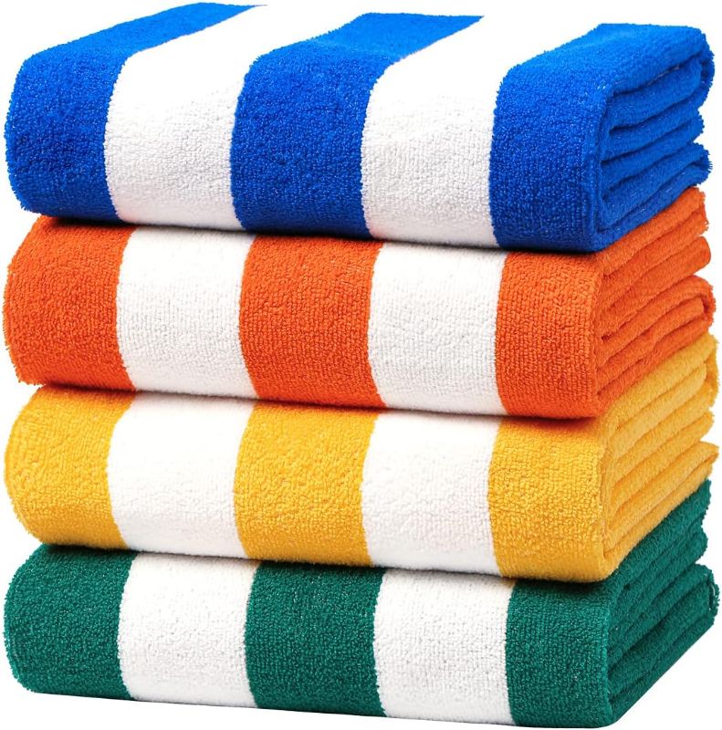 Photo 1 of 4 Pack Stripe Beach Towel Thin Terry with Towel Bands Set Oversized Large Clearance Pool Accessories Soft Super Absorbent Best Swim Towels Blanket Girls Men Women Adults Gift Blue Green Yellow Orange
