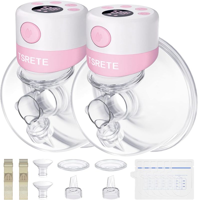 Photo 1 of TSRETE Breast Pump, Double Wearable Breast Pump, Electric Hands-Free Breast Pumps with 2 Modes, 9 Levels, LCD Display, Memory Function Rechargeable Double Milk Extractor-21/24mm Flange, Pink
