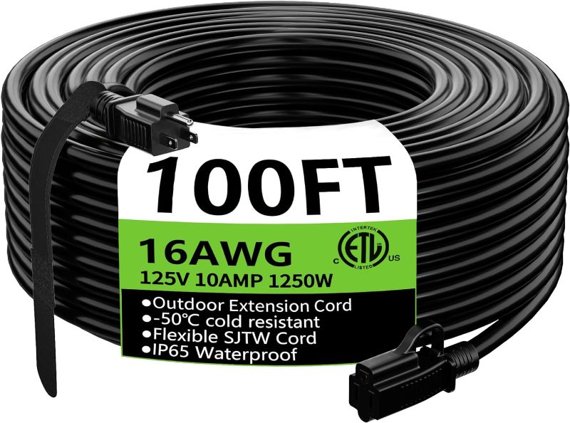 Photo 1 of Indoor Outdoor Black Extension Cord 100 ft Waterproof, 16/3 Gauge Flexible Cold-Resistant Appliance Extension Cord Outside, 10A 1250W 16AWG SJTW, 3 Prong Heavy Duty Electric Cord, ETL HUANCHAIN
