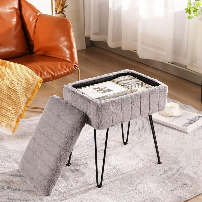 Photo 1 of 
Roll over image to zoom in





CUYOCA Vanity Stool Ottoman with Storage Bench, Faux Fur Stool for Vanity with Metal Legs, Makeup Chair Vanity Stool for Bedroom Living Room, Cool Grey