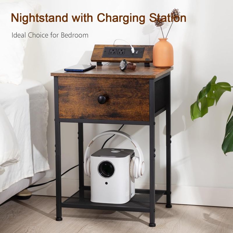 Photo 1 of AMHANCIBLE Nightstands Set of 2, Small Night Stands with Charging Station, End Side Tables with USB Ports & Outlets, Slim Bedside Table with Fabric Drawer for Bedroom HET03SDPBR