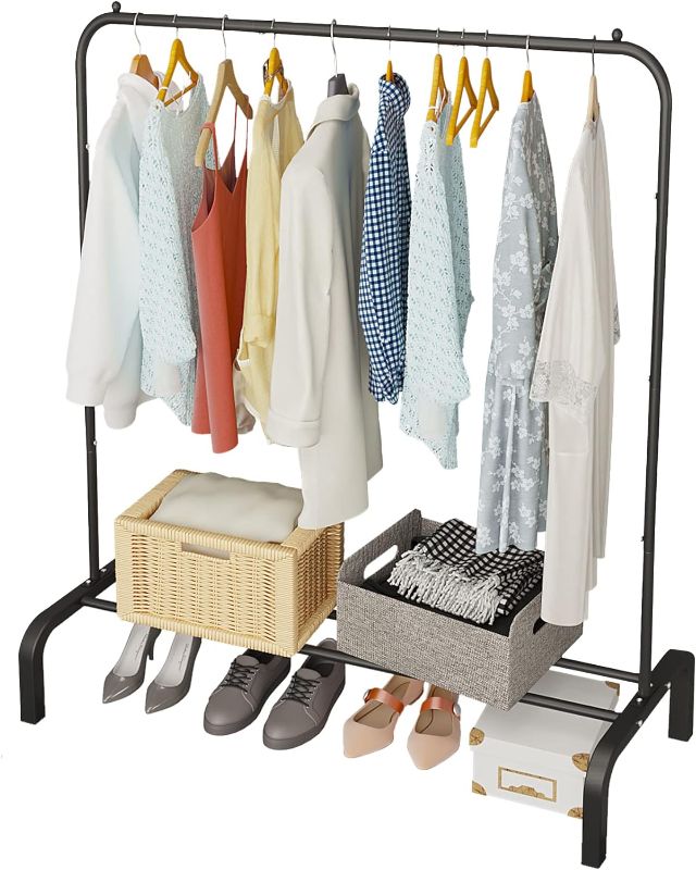 Photo 1 of 
Roll over image to zoom in






JIUYOTREE Metal Clothing Rack, 43.3 Inches Garment Rack with Bottom Shelf for Hanging Clothes, Coats, Skirts, Shirts, Sweaters, Black