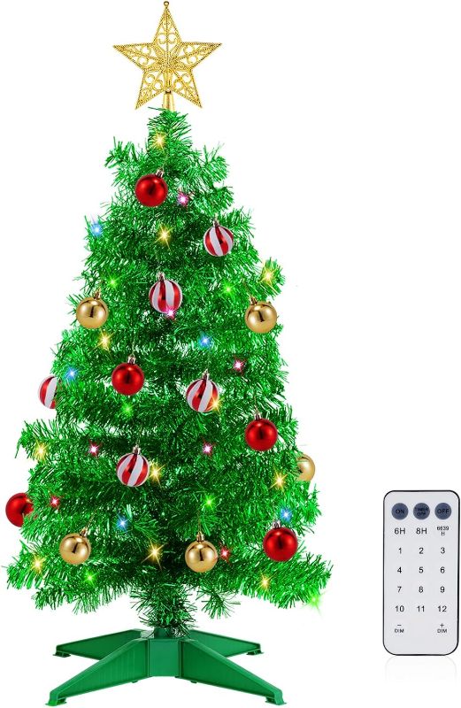 Photo 1 of [ Timer & 12 Modes ] 3 Ft Green Christmas Tree with DIY 50 Warm White & Multi Color Lights 15 Ball Ornaments 3D Star Remote Control Battery Operated Pencil Full Tree Xmas Christmas Decorations Table
