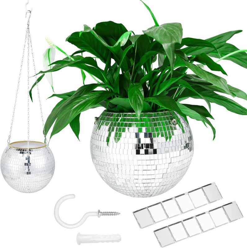 Photo 1 of 8 Inches Disco Ball Planter with Chain Large Silver Mirror Disco Plant Hanger Indoor Hanging Flower Pot for Party Home Decoration (Silver)
