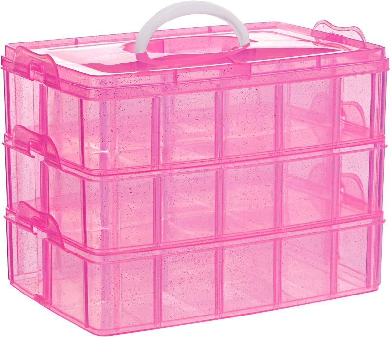 Photo 1 of SGHUO 3-Tier Pink Craft Storage Container, Stackable Organizer Box with Dividers for Art Supplies, Beads, Washi Tapes, Seed, Hair Accessories, Nail, 9.5X6.5X7.2in
