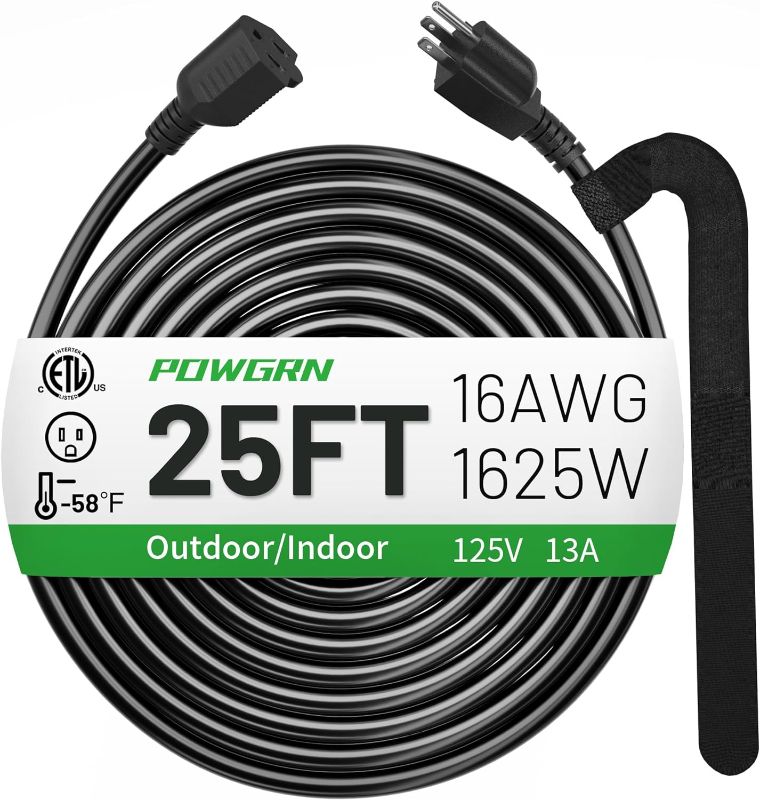 Photo 1 of 25 FT 16/3 Black Indoor Outdoor Extension Cord Waterproof, 3 Prong Flexblie SJTW Cold Weatherproof -50°C Appliance Extension Cord 13 AMP 1625W 16AWG Heavy Duty Electric Cord, POWGRN ETL Listed
