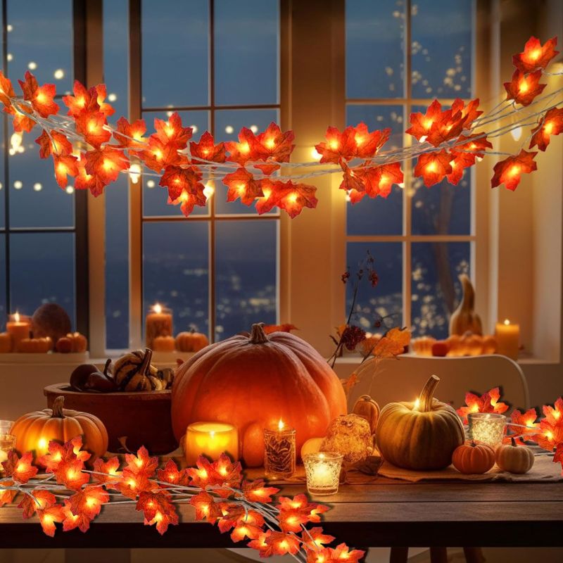 Photo 1 of 2 Pack Maple Leaf Lights, Thanksgiving Decorations for Home, Leaves Garland with Lights, Total 30Ft 60LED Fall Leaf Decor String Lights, Thanksgiving Christmas Halloween Decorations Indoor Outdoor
