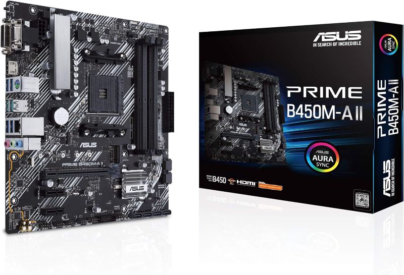 Photo 1 of ASUS Prime B450M-A II AMD AM4 (Ryzen 5000, 3rd/2nd/1st Gen Ryzen Micro ATX Motherboard (128GB DDR4, 4400 O.C.), NVMe, HDMI 2.0b/DVI/D-Sub, USB 3.2 2, BIOS Flashback, and Aura Sync)
