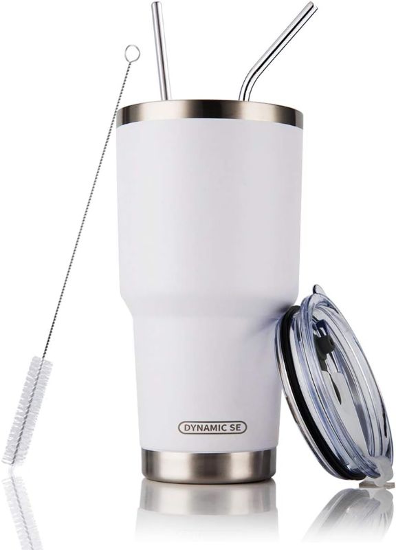 Photo 1 of 30oz White Tumbler Stainless Steel Double Wall Vacuum Insulated Mug with Straw and Lid, Cleaning Brush for Cold and Hot Beverages (30oz White)
