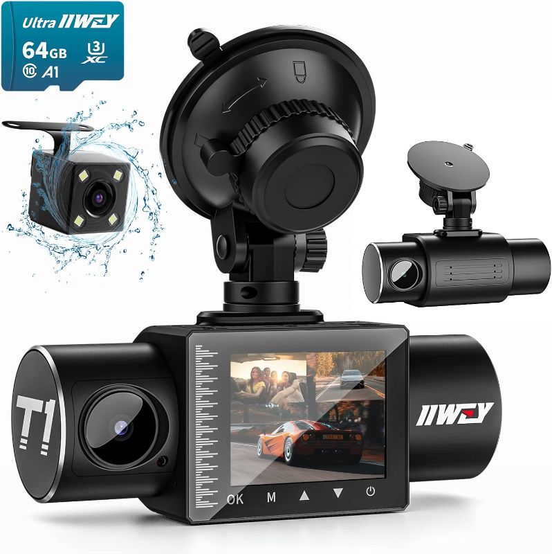 Photo 1 of iiwey Dash Cam Front Rear and Inside 1080P Three Channels with IR Night Vision Car Camera SD Card Included Dashboard Camera Dashcam for Cars HDR Motion Detection and G-Sensor for Car, Taxi, Uber