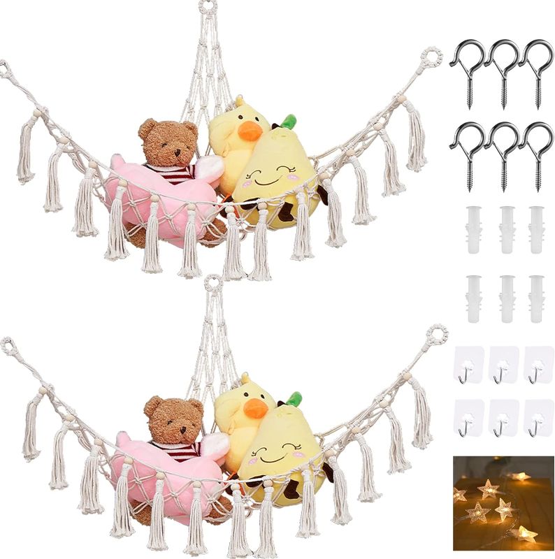 Photo 1 of 2 Pack Stuffed Animal Net or Hammock with Led Light stuffed animal hammock Boho Plush Stuffed Animal Holder Hanging Storage Nets Kids Bedroom, 45" x 45" x 60", White
