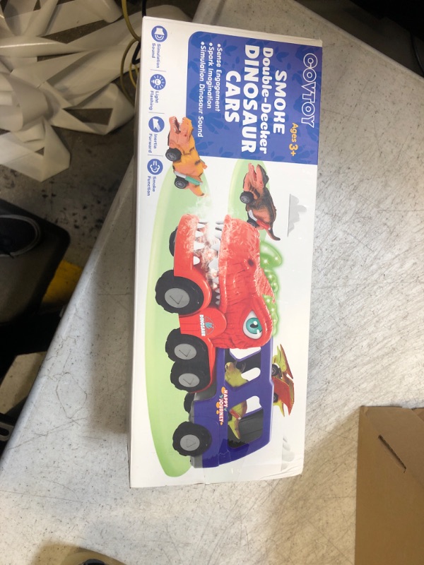 Photo 2 of COVTOY Dinosaur Truck Toy for Kids 3-5, Dinosaur Car Set with 4 Small Pull Back Cars, Dinosaur Car Toy Playset for Age 6 7 8 Years Old Boys, Big Dinosaur Car with Spray Function