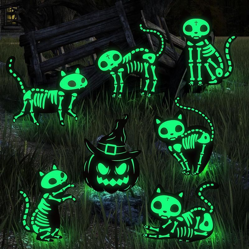 Photo 1 of 7Pcs Fluorescence Halloween Decorations Outdoor Yard Signs Tombstones,Glow in the Dark Skeleton Black Cat Pumpkin Silhouette Lawn Signs with Stakes for Garden Front Yard Decorations Outside
