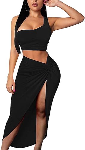 Photo 1 of BEAGIMEG Women's Sexy One Shoulder Long Bodycon Slit Skirt 2 Pieces Dress
size- m
