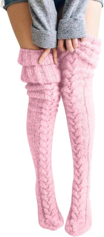 Photo 1 of Women Knit Leg Stocking Thigh Long Warmers Knee Cable Boot Socks Over Extra Socks Nylon Thigh High, 1pc, (Pink, One Size)
