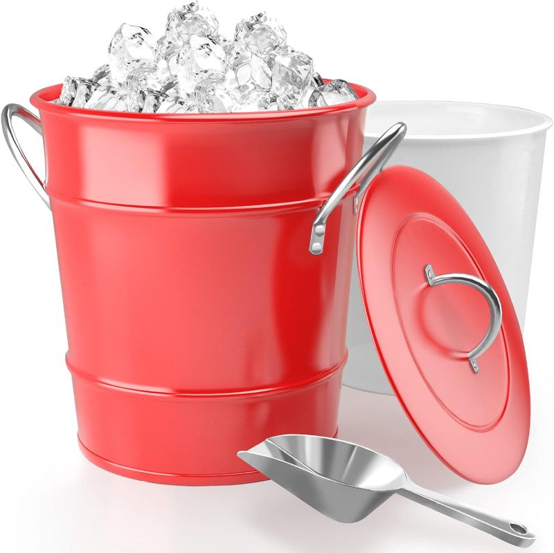 Photo 1 of 4 L Red Ice Bucket,Ice Buckets For Parties,Insulated Ice Buckets With Lid And Scoop,Ice Bucket For Cocktail Bar,Double Wall Party Beverage Tub
