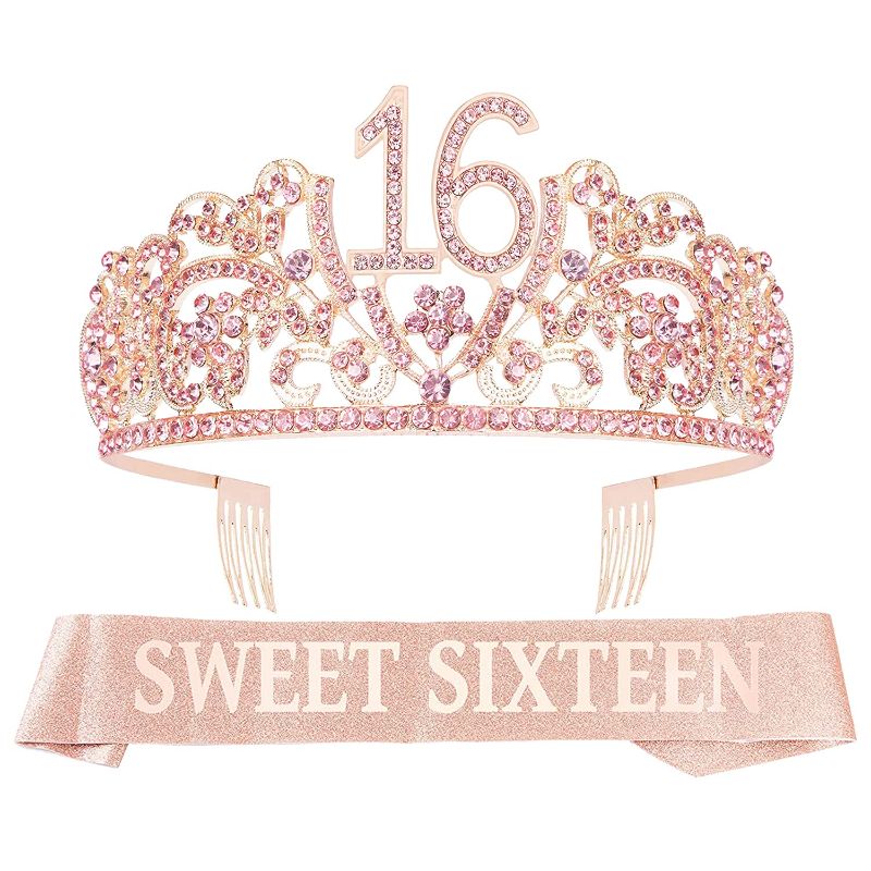 Photo 1 of 8pcs Sweet 16 Birthday Decorations for Girls, Including 16th Happy Birthday Cake Toppers, Birthday Queen Sash with Pearl Pin, Sweet Rhinestone Tiara Crown, Number Candles and Balloons Set, Rose Gold
