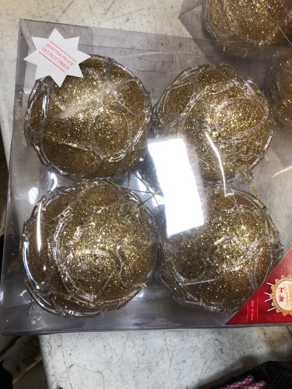 Photo 2 of ZHANYIGY 4.25" Christmas Ball Ornaments 4pc Set Gold Christmas Decorations Tree Balls for Xmas Trees Wedding Party Holiday Decorations Tabletop Small Trees Decoration