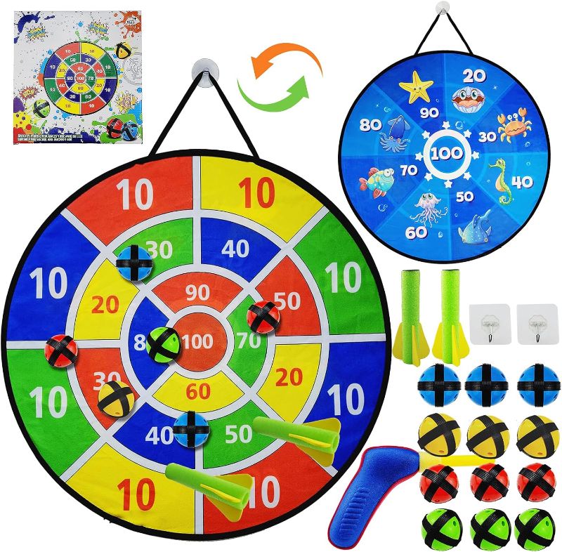 Photo 1 of 26'' Dart Board for Kids,12 Sticky Balls,2 Hooks,Double Sided Dart Board Games for Kids,Indoor Outdoor Toys for Kid,Sports Party Outside Toys,Gift for Boys Girls
