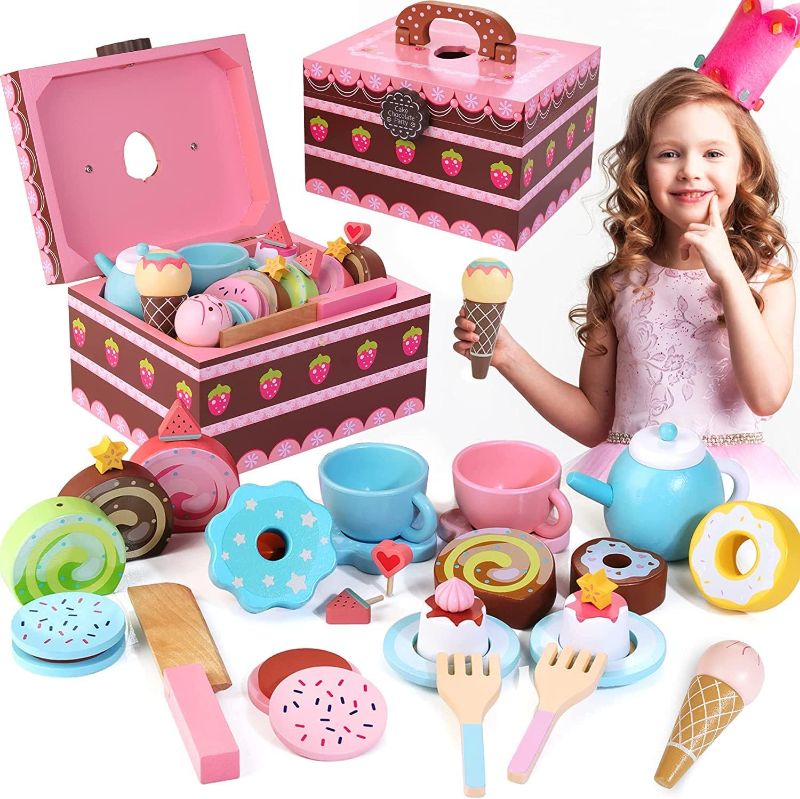 Photo 2 of Lawcephun Wooden Tea Party Set for Little Girls, 30pcs Princess Tea Set Toy for Pretend Play, Montessori Toys for Toddlers Age 2-6, Birthday Gifts for Girls & Boys
