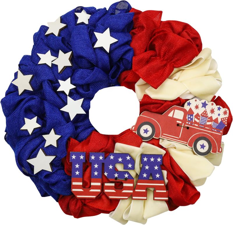 Photo 1 of 4th of July Wreath Decoration, Burlap Wreath with 3D Stars USA & Car for Front Door Farmhouse, Stars and Stripes Wreath Patriotic Decoration for Independence Day Memorial Day Presidents Day
