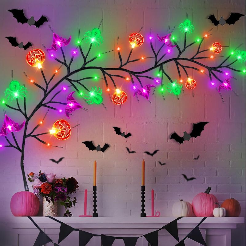 Photo 1 of 2 Pack Halloween Lights 6 FT 54 LED Halloween Willow Vine with Pumpkin Bat Spider Light, 8 Mode Battery Operated Halloween Garland with Lights Spooky Halloween Decorations Indoor Home Wall Table Decor
