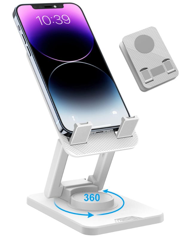 Photo 1 of COLOR LIZARD 360° Rotatable Phone Stand, Portable&Foldable Phone Holder for Desk, Bed, Cell Phone Stand for iphone14 13 12 11 Series, iPhone Stand for Video Recording Shower, Nintendo Switch, White