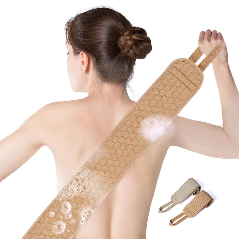 Photo 1 of 2 Pack Exfoliating Back Scrubber for Shower for Women Men Bath Shower Scrubber Back Cleaner, Two Sizes Back Scrubber, Brown-Long& Beige-Short 1 Count (Pack of 2) Beige-short&brown-long