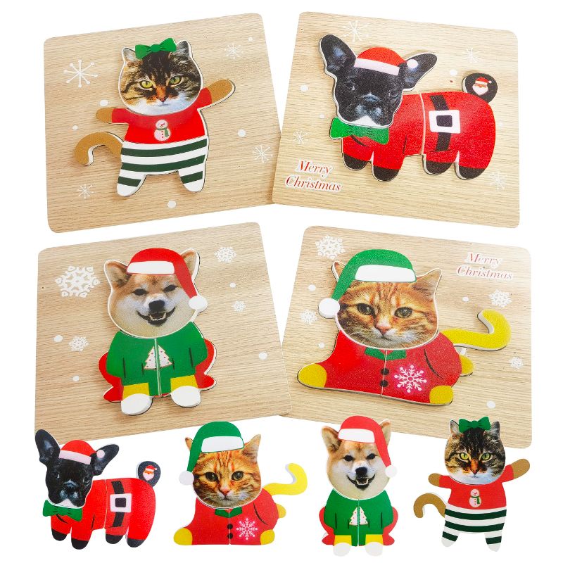 Photo 1 of 4 Pack Christmas Wooden Puzzles,Dog Cat Jigsaw Puzzles for Kids Educational Preschool Toys Christmas Toys Party Favors Xmas Decorations(Christmas)