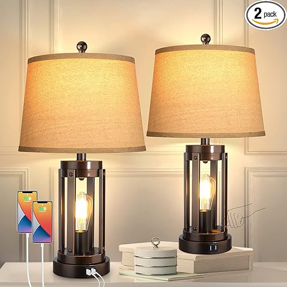 Photo 1 of 27.5" Farmhouse Table Lamps Set of 2 with USB Ports, 3-Way Dimmable Touch Control Besides Lamp with 2 Light, Rustic Nightstand Lamps for Living Room, Bedroom, Home, Office, 2 Bulbs Included, Brown