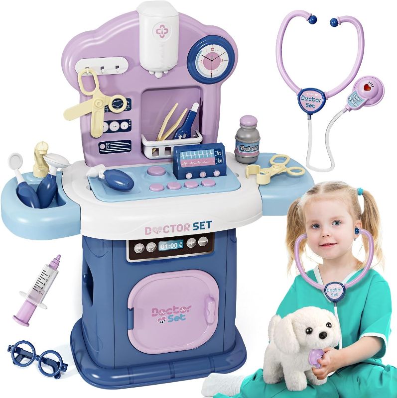 Photo 1 of Jovow Toy Doctor Kit for Kids, Pet Care Play Set with Dog Doll, Stethoscope & Accessories, 26 Pcs Vet Toys for Kids with Sound and Light Functions, Kids Doctor Kit for Toddlers 3-5 Birthday Gift
