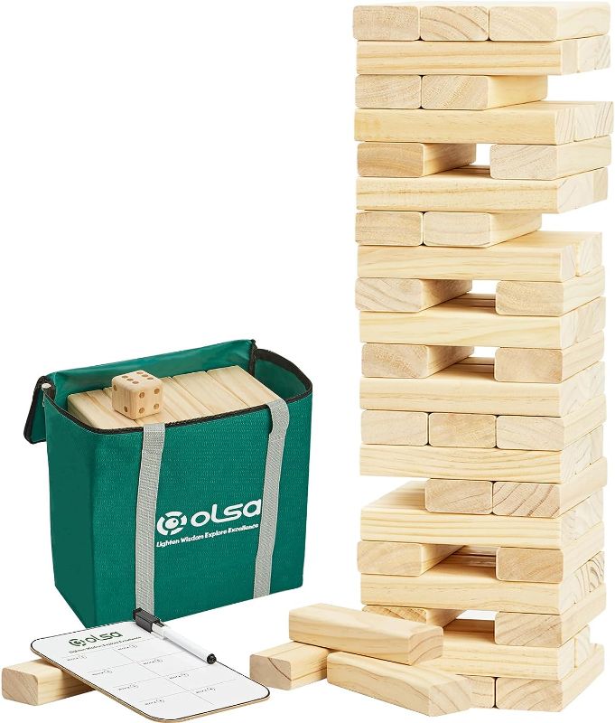 Photo 1 of Olsa Giant Tumble Tower, 60 PCS Wooden Block Stacking Yard Game with Carrying Bag, Classic Indoor & Outdoor Games for Kids Adults Family (Stack from 2.2 Ft to 5 Ft)
