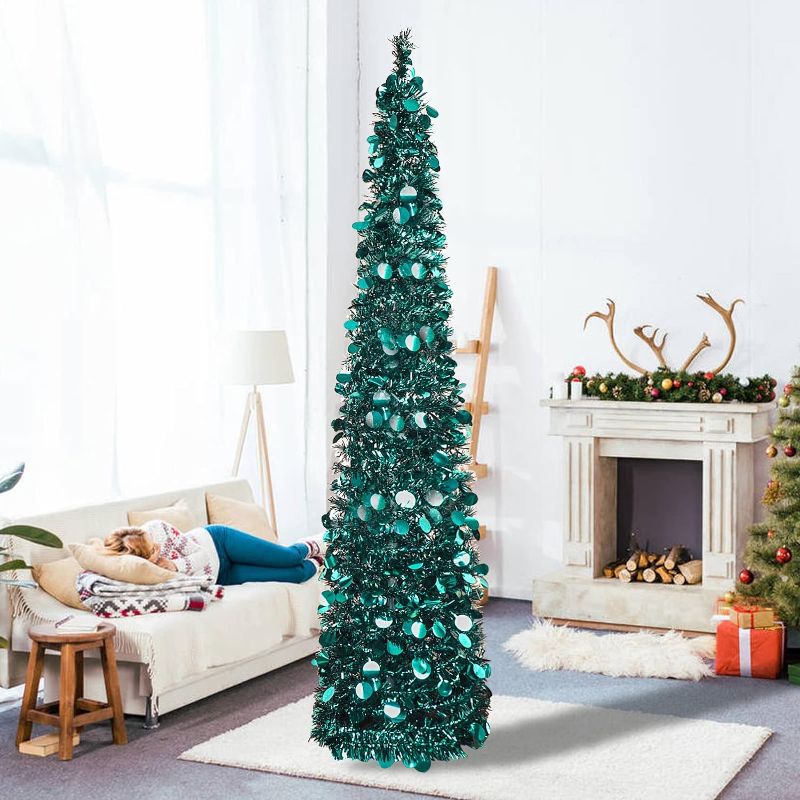 Photo 1 of 5ft Pop Up Tinsel Christmas Tree,Collapsible Artificial Pencil Skinny Xmas Trees for Home Decor Indoor Holiday Party Decorations,Blue,WOKEISE

