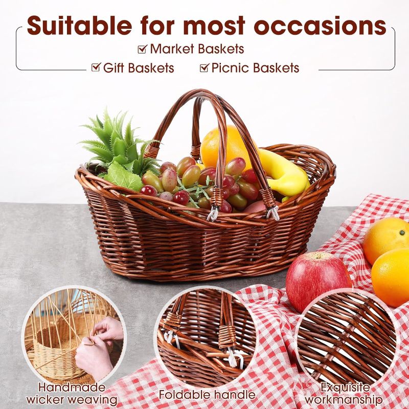 Photo 1 of  Wicker Basket, Dark Brown Hand Woven Harvest Basket with Handle, Wicker Flower Basket for Storage, Picnics, Easter, Organizing Basket