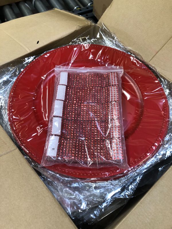 Photo 4 of  13 Inch Charger Plates Bulk with Napkin Rings Set Include 50 Pcs Plastic Beaded Plate Chargers 50 Napkin Rings Round Dinner Plates Chargers Set for Table Setting Wedding Party (Red)