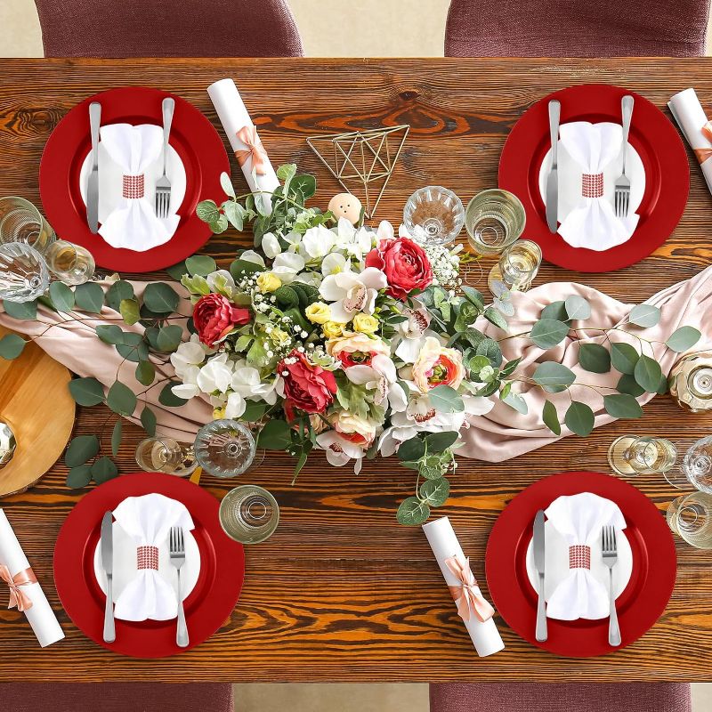 Photo 3 of  13 Inch Charger Plates Bulk with Napkin Rings Set Include 50 Pcs Plastic Beaded Plate Chargers 50 Napkin Rings Round Dinner Plates Chargers Set for Table Setting Wedding Party (Red)